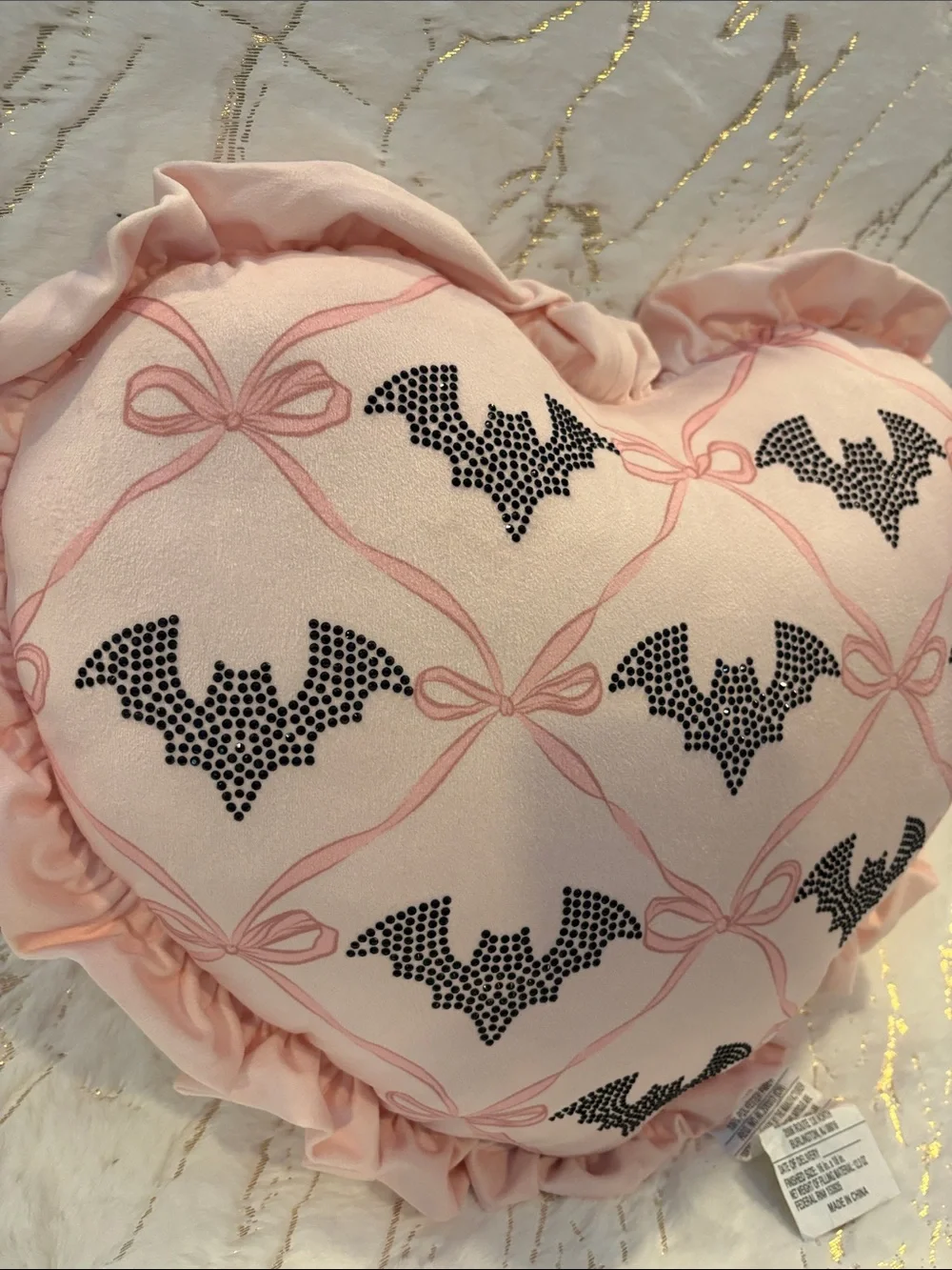 BNWT Trick or Chic Heart Rhinestone Bats Throw Pillow Goth Coquette Halloween